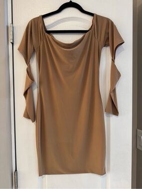 Fashion Nova Tan Cut-Out Sleeve Mini Dress